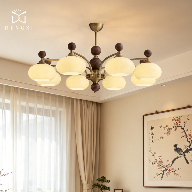 〖Yunpo〗French-Style Vintage Living Room Chandelier, Black Walnut Wood, All-Copper Retro Bedroom Dining Room Eye-Protection Persimmon Lamp