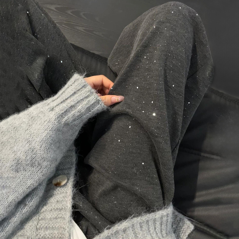 Plus-Size Women's Casual Pants with Rhinestones, Autumn Loose Fit, Slimming, Soft and Drapey Straight-Leg Sweatpants, Wide-Leg Sports Pants