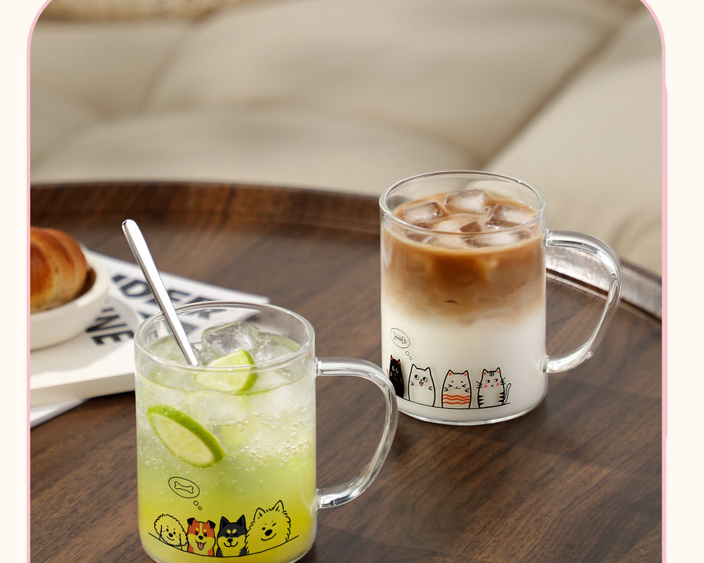 【中國直郵】 富光 玻璃杯 1件 450ml 高硼矽萌趣狗狗圖案玻璃馬克杯 高顏值萌寵情侶耐熱透明早餐杯