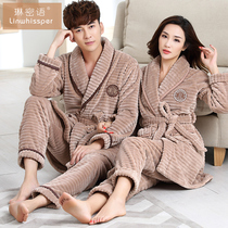 Autumn and winter warm flannel couple pajamas padded long coral velvet men plus size dressing gown trousers set