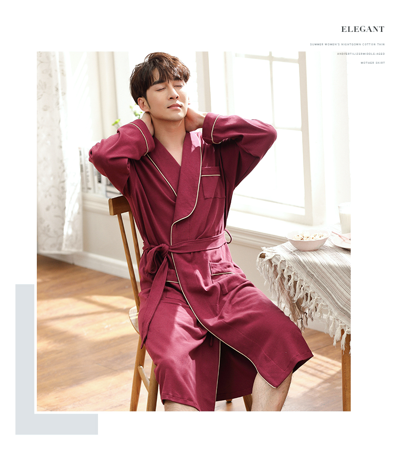 Bộ đồ ngủ mùa xuân và mùa thu nam mỏng phần cotton dài tay XL kiểu Nhật Bản áo liền thân màu cotton giản dị phục vụ nhà mùa hè - Night Robe đồ ngủ sexy mới nhất 2021