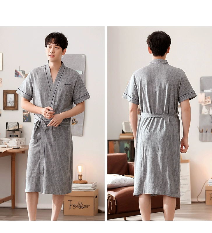 Áo choàng ngủ của nam giới mùa hè ngắn tay cotton tinh khiết mỏng giản dị trung bình Nhật Bản áo choàng tắm mùa hè của nam giới đồ ngủ cotton - Night Robe