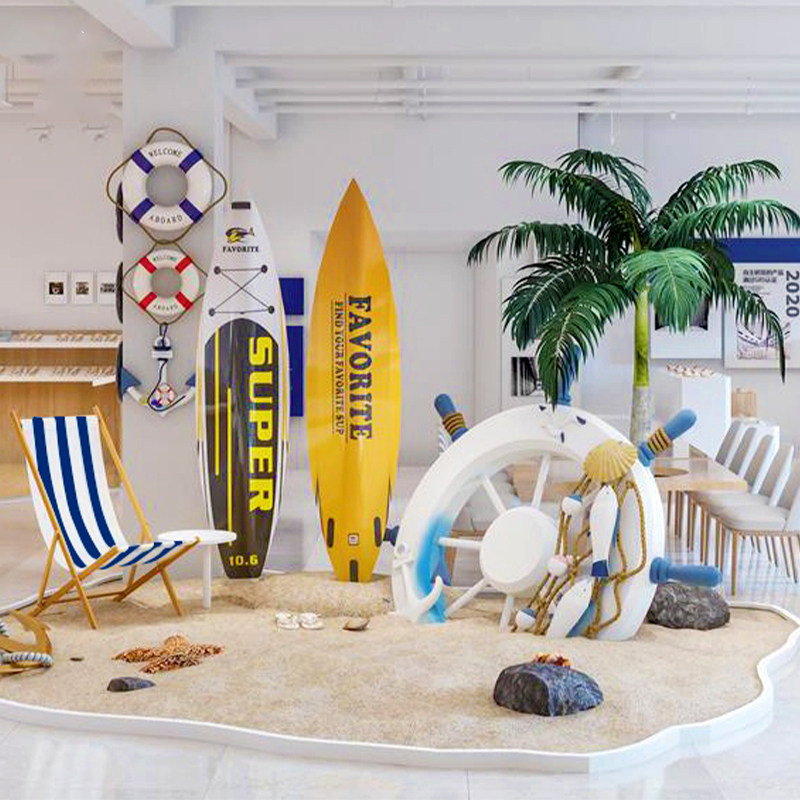 Summer Meichen ocean beach theme sales department decoration car 4s shop exhibition hall layout shopping mall surfboard decoration