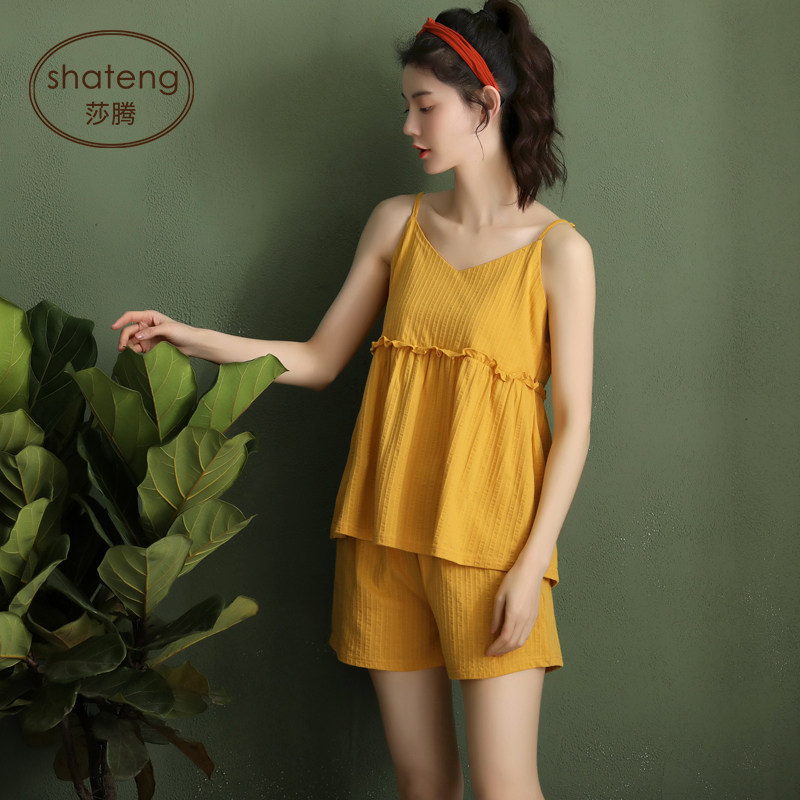 Pajamas women's summer suspenders shorts pure cotton sweet fresh thin section cotton sleeveless vest home service two-piece suit