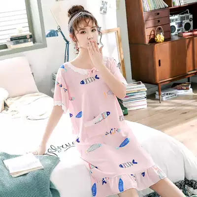 Summer cotton silk nightgown women loose short sleeve artificial cotton pajamas thin silk student pajamas can wear home clothes