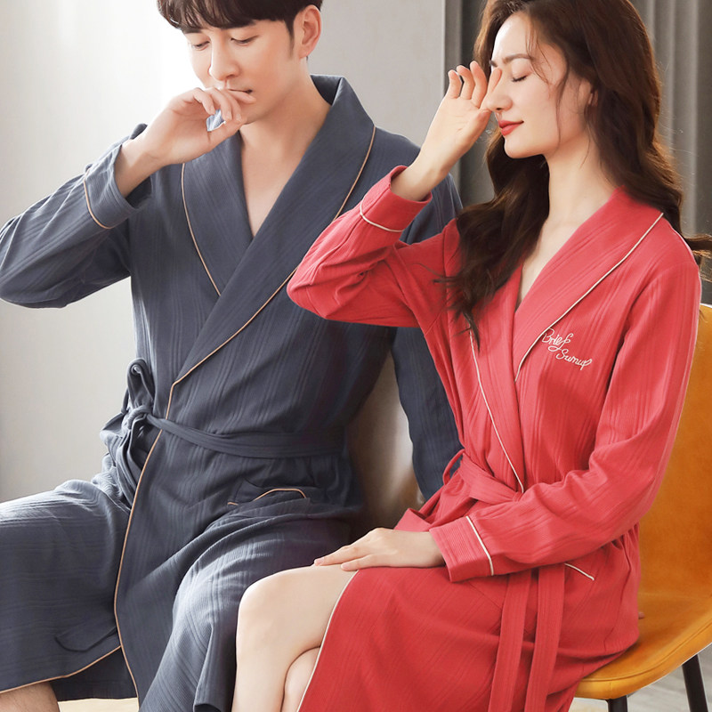 Spring and Autumn Lovers' Nightgown Men's and Women's Pure Cotton Large Size Long Morning Robe Autumn and Winter Long-sleeved Thin Autumn High-end Bathrobes