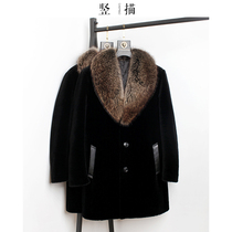 American raccoon wool collar sheep cut jacket mens long leather leather fur fur fur one lamb wool down tide