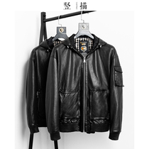 Dark hooded Spring and Autumn new leather jacket mens coat sheep leather short locomotive hunting leather jacket trend