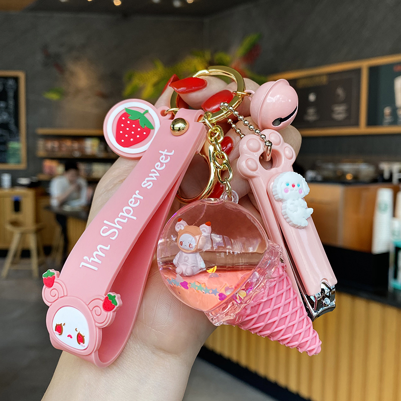Girl heart crystal floating ice cream keychain pendant cartoon milk bottle car key chain bag pendant female