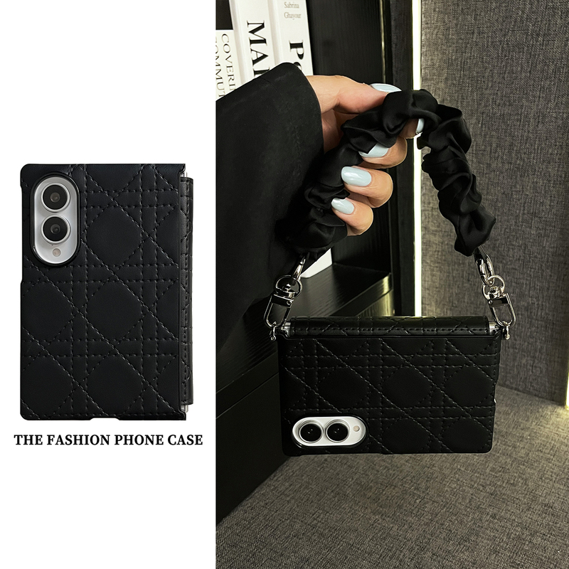 Lightweight, High-End, Versatile Black Leather Quilted Pleated Hand Strap Suitable for Samsung Z Fold 8/Galaxy Z Fold 8 Phone Case, New Folding Screen Flip Cover, Anti-Drop Shell, Trendy