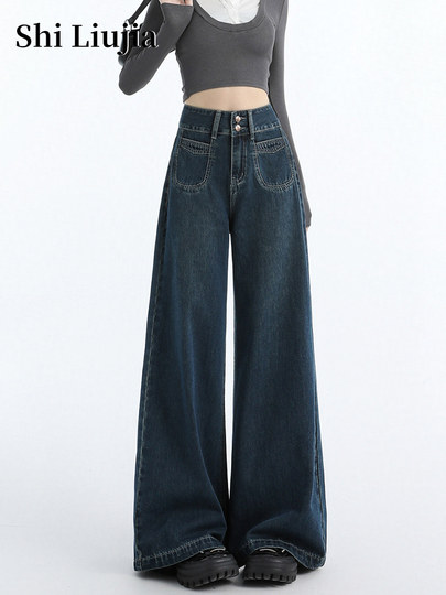 Dark Blue Wide-Leg Jeans 2026 New Style for Women, Spring Petite High-Waisted Loose Fit, Autumn and Winter Fleece-Lined Straight Pants
