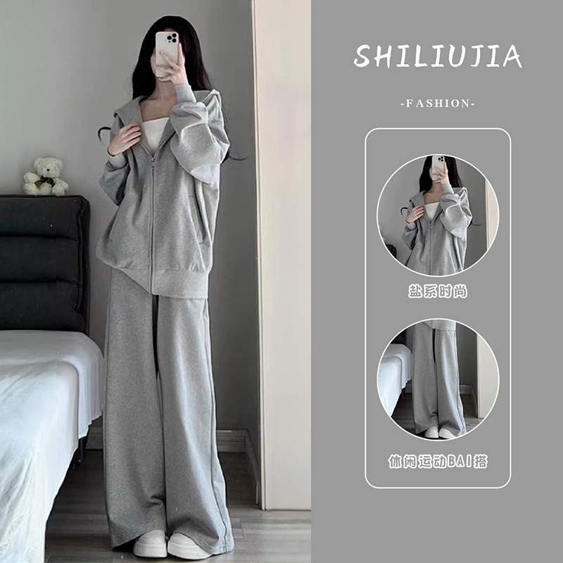 Gray Hooded Sweatshirt and Wide-Leg Pants Set, Casual and Lazy Style for Women, Autumn and Winter 2026 New Spring and Autumn Sports Jacket