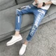 Quần jeans nam mỏng chân mỏng cắt quần thủy triều thương hiệu quần nam giản dị nam đen bó sát mùa xuân và mùa thu - Crop Jeans