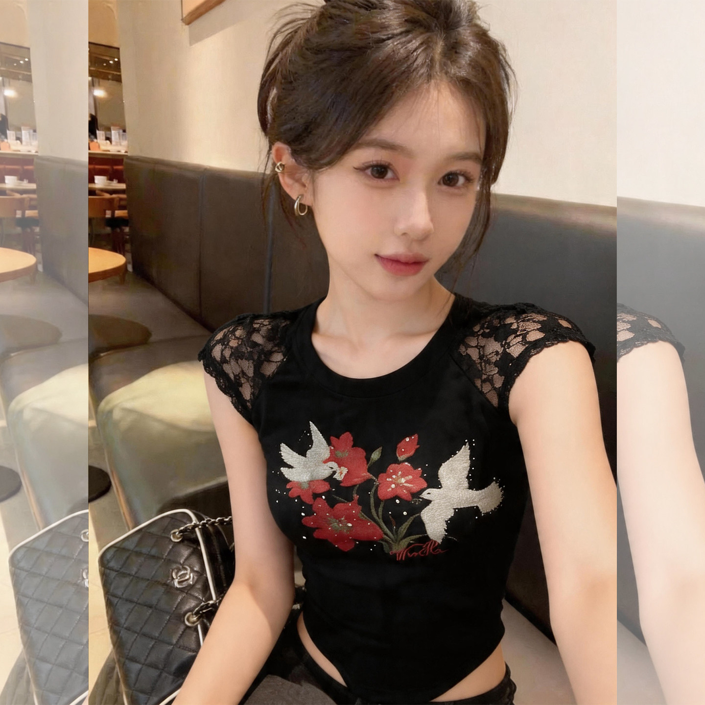不规则黑色蕾丝短袖T恤女夏季独特时尚漂亮花朵刺绣收腰短款上衣
