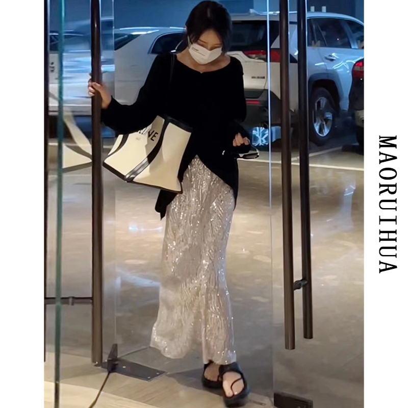Early Spring and Autumn Sequin Slit Skirt for Women, Summer 2025 New Design High-Waisted Long Skirt Two-Piece Set