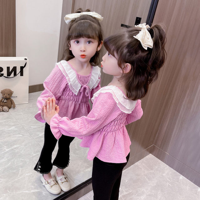 Small and medium-sized children's spring and autumn long-sleeved suit new 2023 spring new fashion foreign style lace doll collar casual two-piece suit