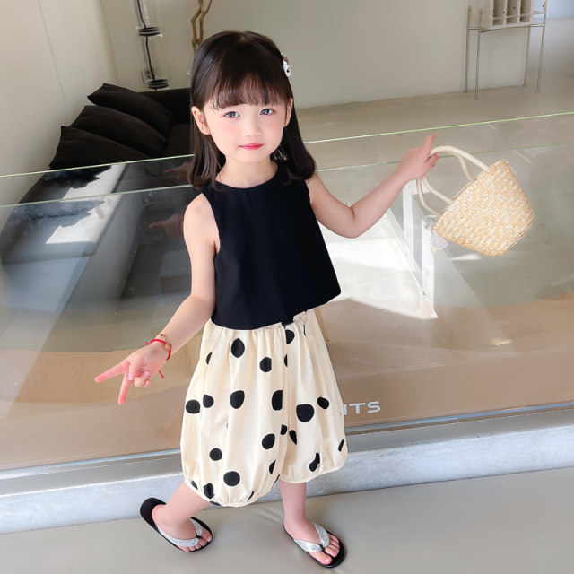 Ins summer girls 2022 black bow halter top + polka dot pants two-piece Korean summer suit new