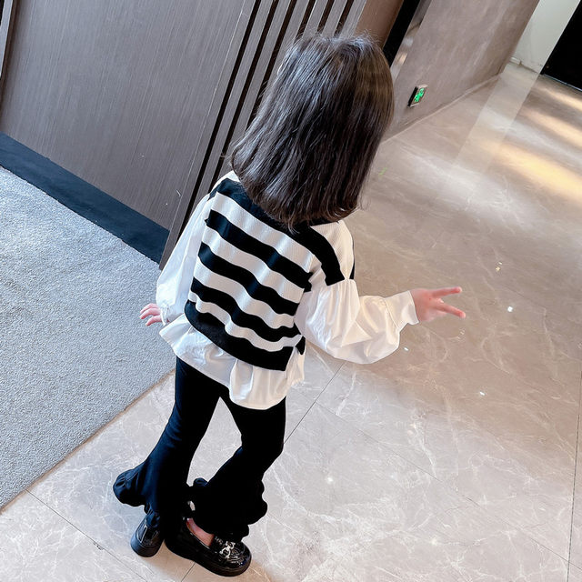 Girls' shirt collar splicing striped flared trousers suit 2023 spring and autumn new girl fashion casual two-piece suit