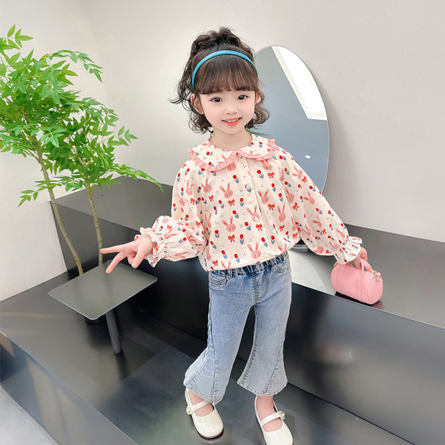 Girls doll collar shirt 23 spring and autumn new baby print tops children 1 cute rabbit shirt spring clothes