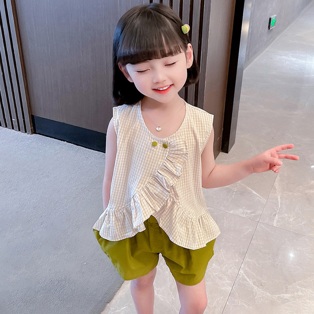 Girls summer dress sweet lace plaid suit 2022 new children's casual baby girl Korean version thin two-piece set