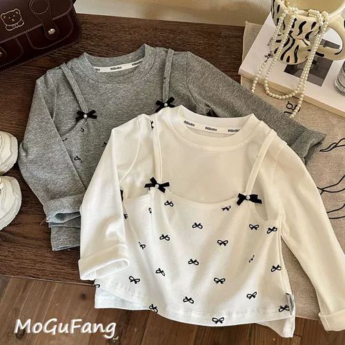 Весенний новый стиль для девочек, рубашка с пасторальным дном, имитация двух предметов, сплошной цвет, универсальный низ с вышивкой бантом, модный кружевной топ