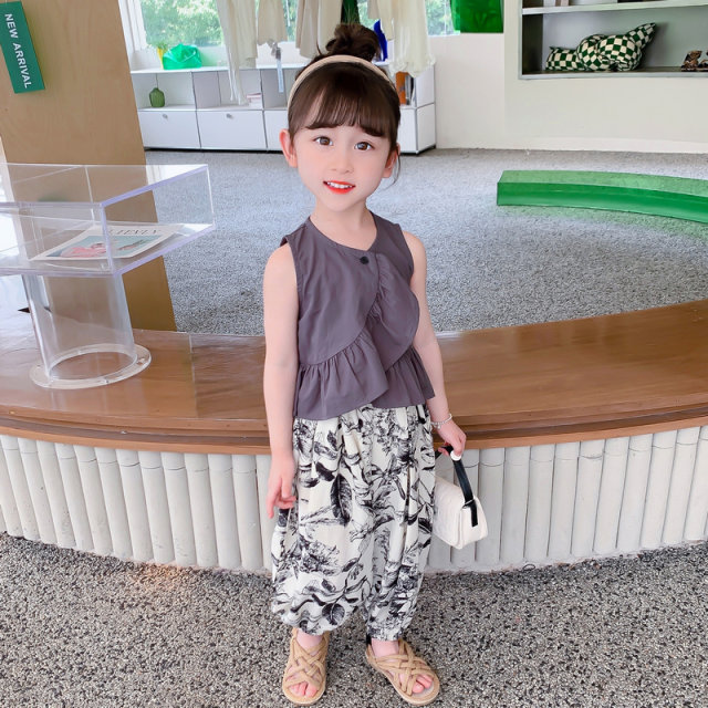 Girls summer new children's suit doll shirt short lotus leaf edge shirt baby summer dress ink painting anti-mosquito pants