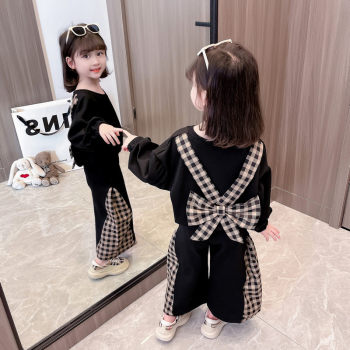 Girls' plaid back bowknot suit spring and autumn new girl splicing sweater flared trousers fashion two-piece suit