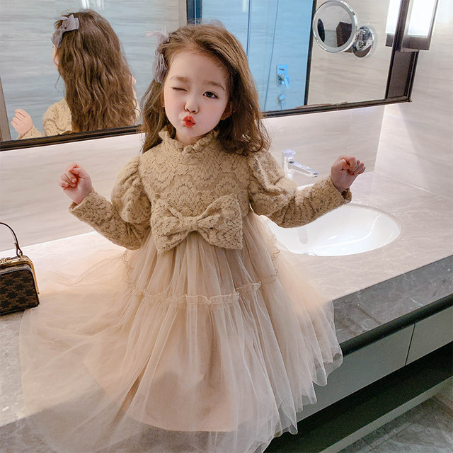 Girls lace collar puff sleeve princess dress spring new little girl birthday dress Korean dress