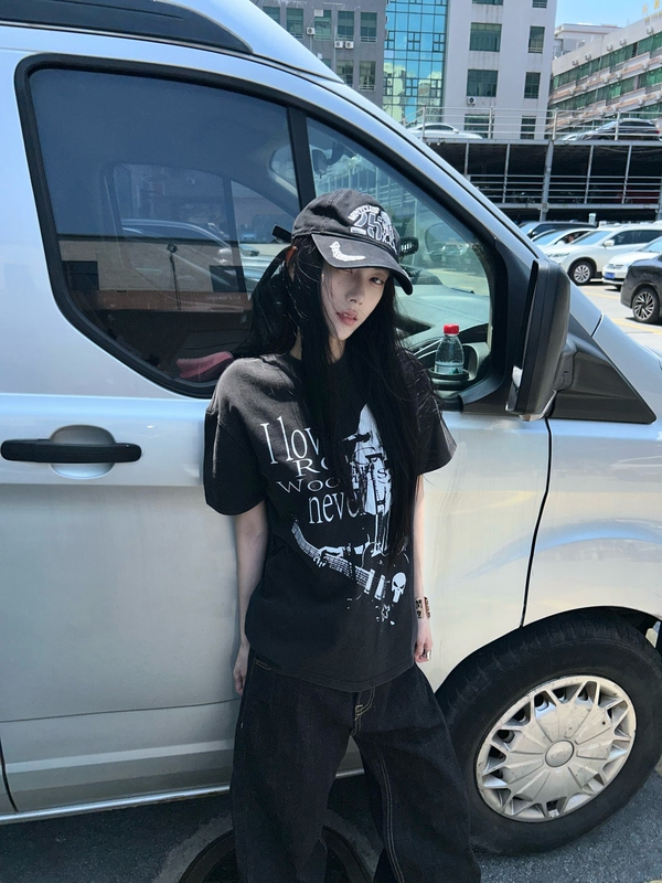 Dufgdc Original "Guitar Rock" Print American Street Style Summer Loose Fit Regular Shoulder Loose Couple Short-Sleeve Men's Shirt