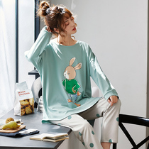 Sleepwear lady Spring-autumn-style pure cotton long sleeves Home Clothing Autumn winter long style All cotton suit loose big code to go out