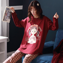 Plaid pyjamas female spring autumn pure cotton long sleeves Two sets Student autumn and winter loose All cotton can be worn outside with headsets household clothes