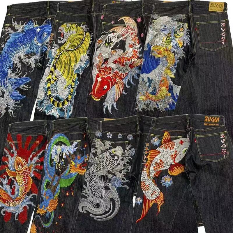 Japanese Trendy Brand Kalakuri Ukiyoe Carp Cherry Blossom Print Men's Jeans Loose Straight Pants