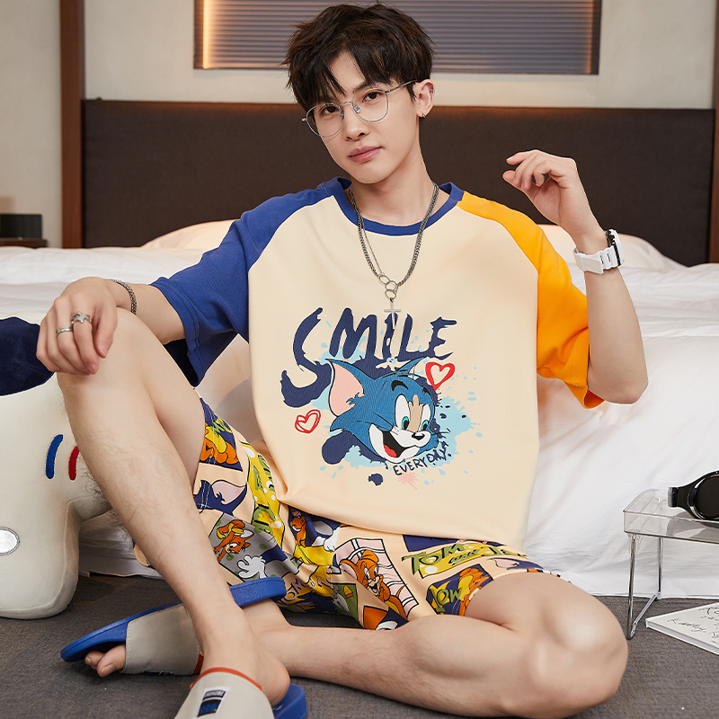Teenage Boys' Summer Thin Cotton Short-Sleeved Pajamas for Boys, Older Children, Junior High School Students, Men's Home Wear Set