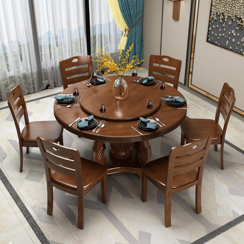 Chinese style solid wood round dining table with turntable round family dining table and chair combination large and small family large round table 10 people dining table - Taobao