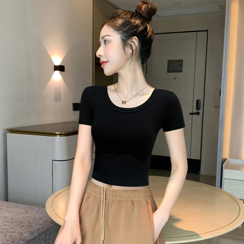 Black Short-Sleeved Crop Top for Women, 2026 Summer New Slim-Fit Ribbed T-Shirt, Petite High-Waisted Short Top