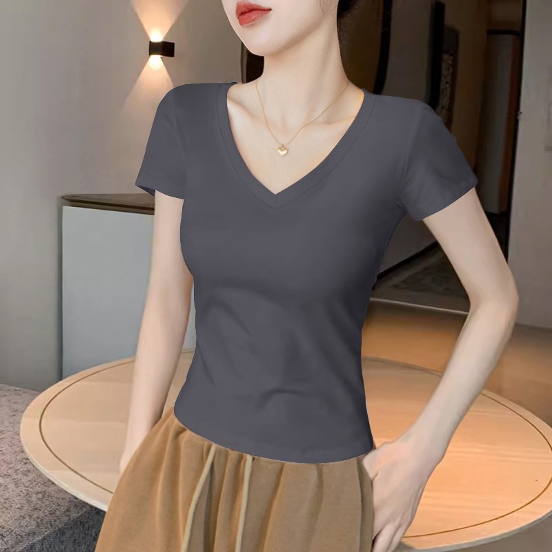 Gray V-Neck Short-Sleeve T-Shirt for Women, Summer 2026 New Style, Slim Fit, Cotton Inner Layer, Half-Sleeve Top