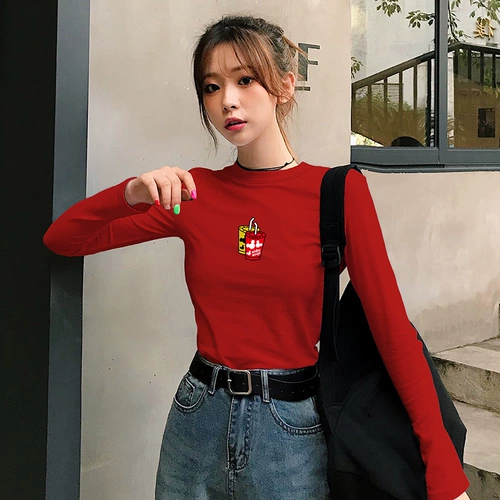 Лонгслив, хлопковая футболка, коллекция 2021, осенний, высокий воротник, в обтяжку, облегающий крой