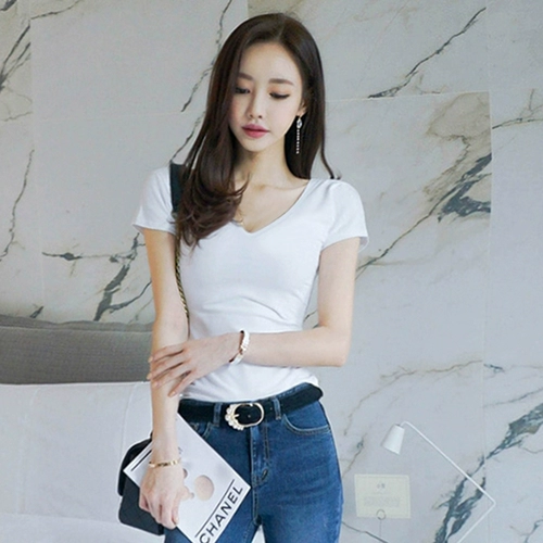 Летняя цветная летняя одежда, хлопковая футболка, 2021 года, V-образный вырез, короткий рукав, в обтяжку, облегающий крой