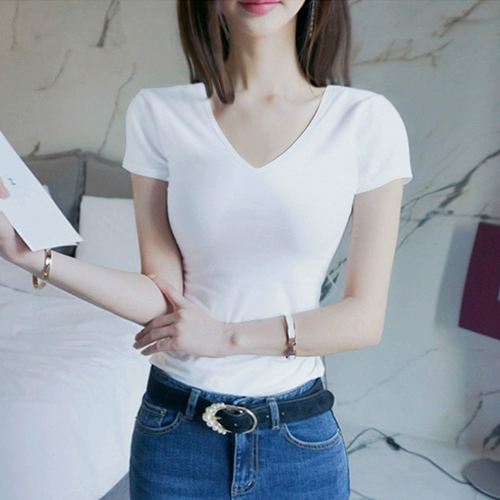 Летняя цветная летняя одежда, хлопковая футболка, 2021 года, V-образный вырез, короткий рукав, в обтяжку, облегающий крой