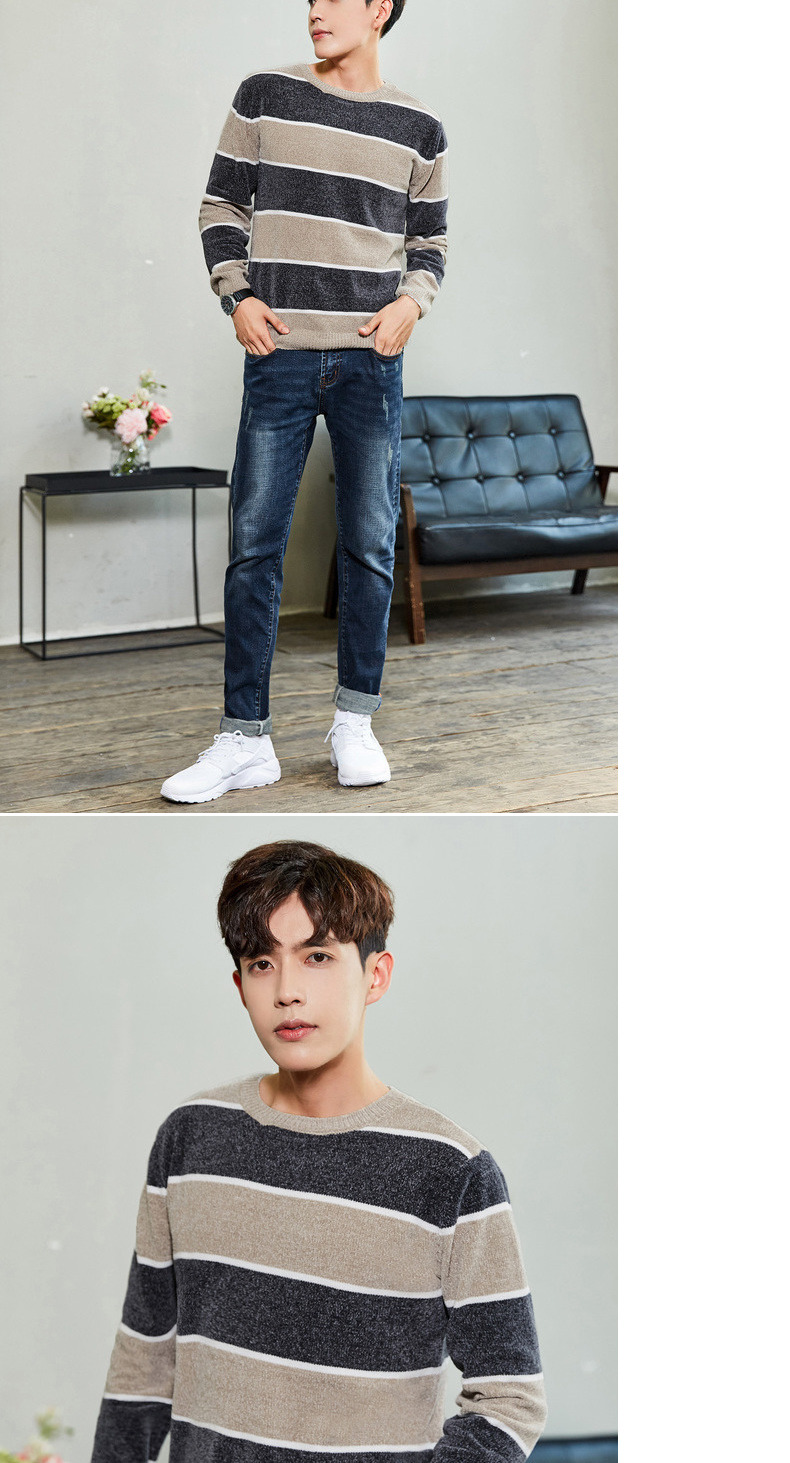 Quần áo Tiancheng 2019 xuân mới áo len dài tay nam triều Hàn phiên bản Hàn Quốc của áo len sọc cổ tròn màu tương phản áo gió