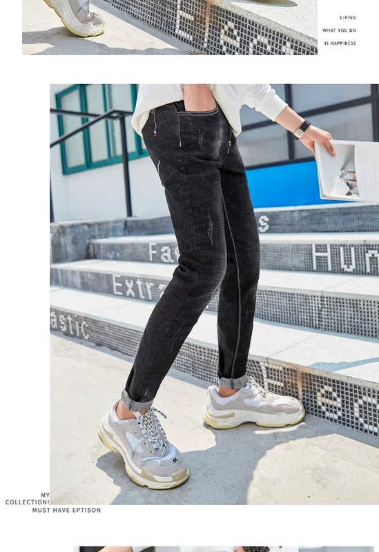 2019 mùa thu quần nam mới thời trang quần lửng ống thun siêu nhỏ cho nam denim cá tính - Quần jean quần short jean nam