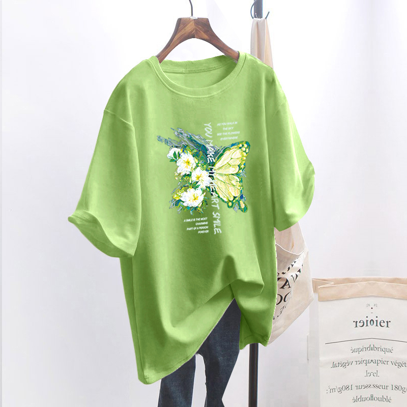 Plus Size Women's Inner Wear Right-Shoulder Short-Sleeved T-Shirt for Women 2026 Summer Avocado Green Design Half-Sleeved Loose Top