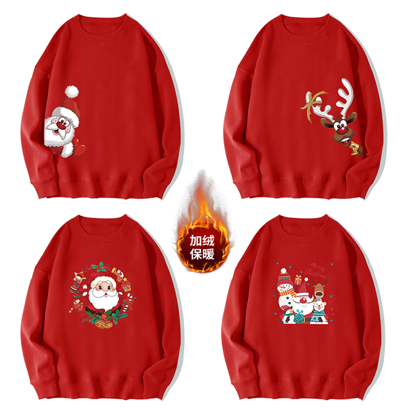 Red Pullover Sweatshirt for Men and Women, Fleece-Lined, Round Neck, Autumn and Winter, Santa Claus, Reindeer, Couple Outfit, Merry Christmas