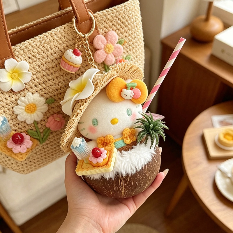 Authentic Summer Coconut Milk Mango Ice Cute Hello Kitty Plush Doll Girl Ornament Bag Pendant