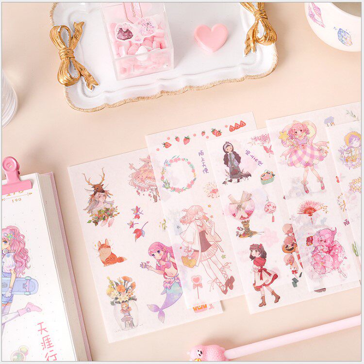 New Prizes Little Fresher Cute Cartoon Little Lady 72 Zhang Transparent Adhesive and Paper Sticker Hand Ledger Decoration Sticker