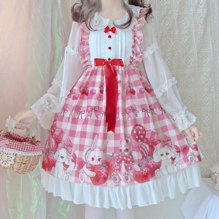 Han mushroom cool {spot} ~ Japanese soft sister original design Lolita Strawberry Bear dress woman