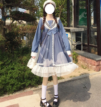 Han Mushrooms Cool {Spot} ~ Original design Lolita clouds Moon Ocean dress Navy Wind Long sleeves Oop dress Summer