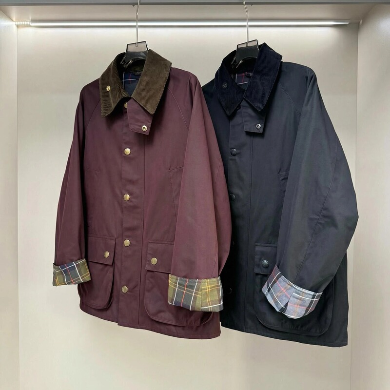 [in Stock] Spring Thin Classic Barn Style Waterproof Peach Velvet British Plaid Lapel Unwaxed Jacket Hunting Coat