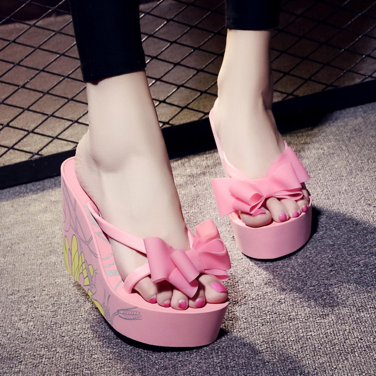 Wedge Flip-Flops for Women, Waterproof Bathroom Slippers with Bow, Thick-Soled Platform Sandals, Ultra-High Heel Beach Non-Slip Vacation Slippers