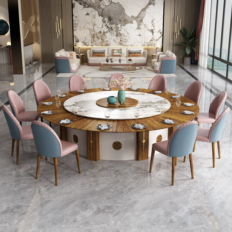 The hotel electric table big round table 18 people dining table New Chinese solid wooden plate 2 meters dining table round table